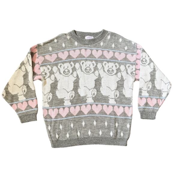 Vintage Arielle Teddy Bear Sweater Pastel Retro Kawaii Y2K Fair Isle Made in USA - Picture 1 of 8